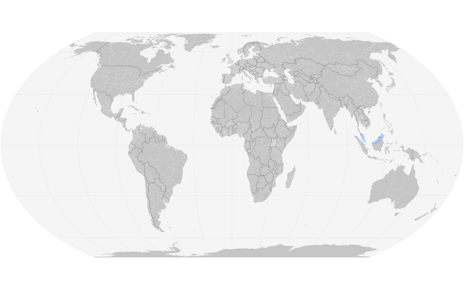 The full world map at its starting size, every country split into its states and provinces, Malaysia tinted blue.