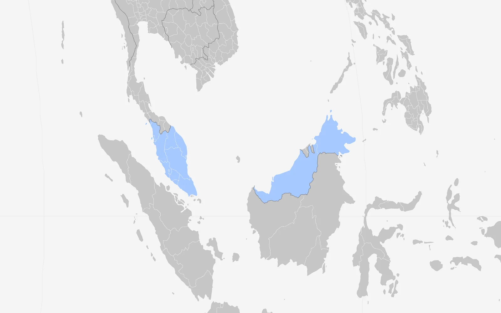 The map zoomed eight times on Southeast Asia: Peninsular Malaysia, Sabah and Sarawak tinted blue among grey neighbours.